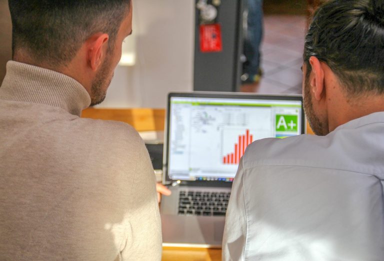 Zwei Männer schauen auf einen Laptop mit Energierberater-Software